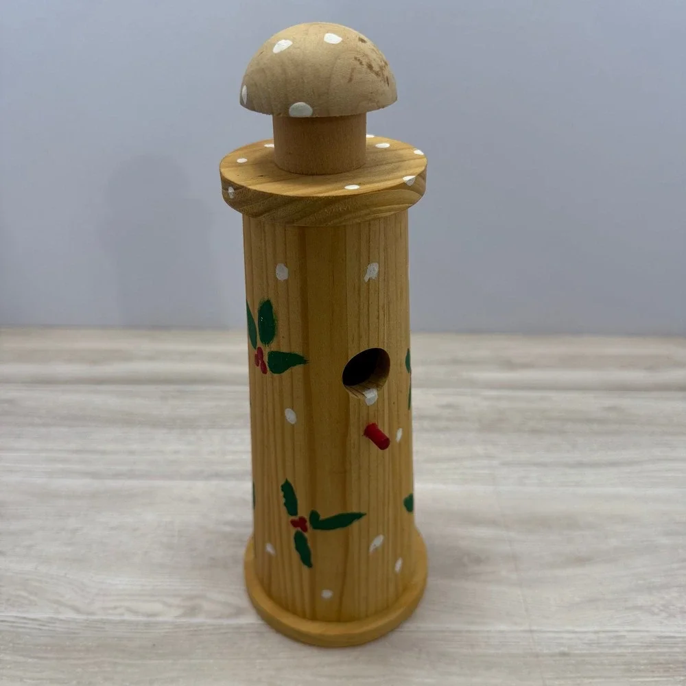 Vintage Wooden Birdhouse Christmas Shelf Decor Gift Holly Greenery Mushroom Top